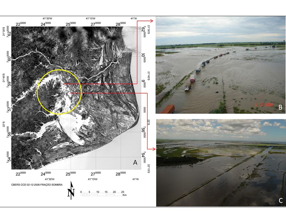 Imagem da fração água/sombra gerada pelo MLME aplicado sobre a imagem CCD CBERS-2B (A), e fotografias aéreas de alguns trechos dessas áreas inundadas (B e C).